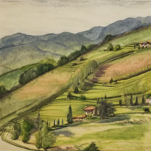 Prompt: a large pencil and watercolor landscape painting of a hillside in northern italy overgrown with trees, with farmhouses scattered between the trees, sunshine