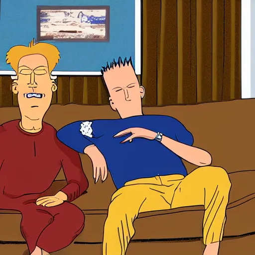 Prompt: High resolution hyperrealistic photo of Beavis and Butthead sitting on a brown sofa watching tv