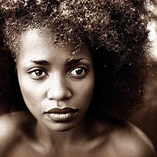 Image similar to portrait, extreme close up, sepia, beautiful light - skin woman, afro hair, stares at the camera, night sky, stars, bruce gilden, leica s, fuji 8 0 0, grainy, low light