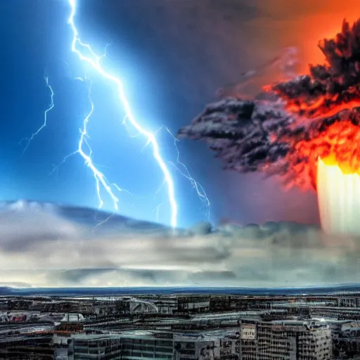 Image similar to A huge missile hits Oslo, Nuclear Explosion, Realistic, HDR, Real Event, HDD, Ultra Lightning,