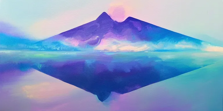 Prompt: a beautiful abstract acrylic painting on a white background of geometric mountain tops made of nebula reflecting on a lake by viktoria lapteva