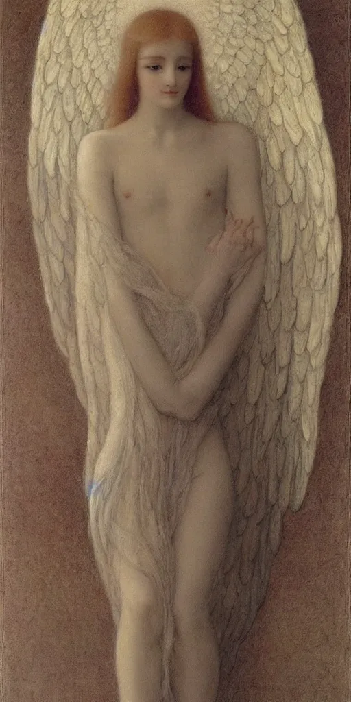 Prompt: Say who is this with silver hair so Wan and thin? Adorable feminine angel in the style of Jean Delville, Lucien Lévy-Dhurmer, Fernand Keller, Fernand Khnopff, oil on canvas, 1921, 4K resolution, aesthetic, mystery