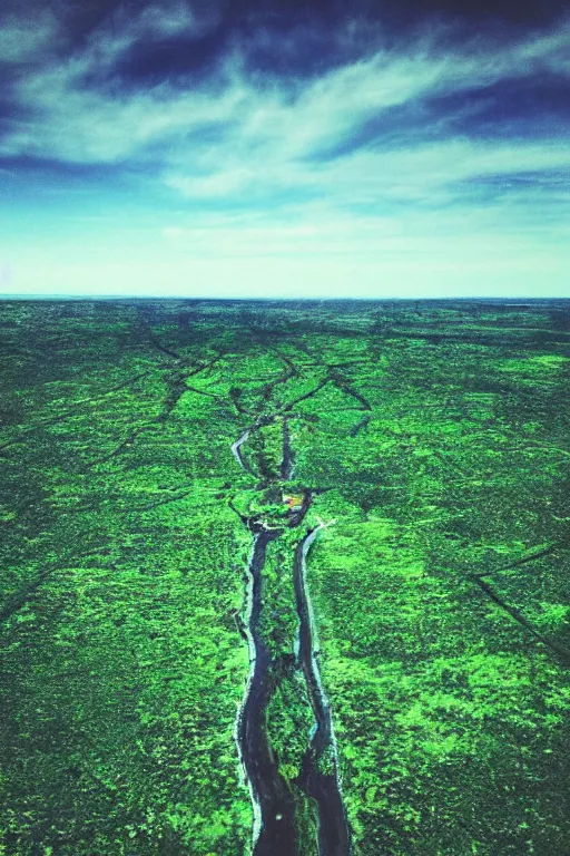 Prompt: dead city, blue sky, green scull look down, nature,