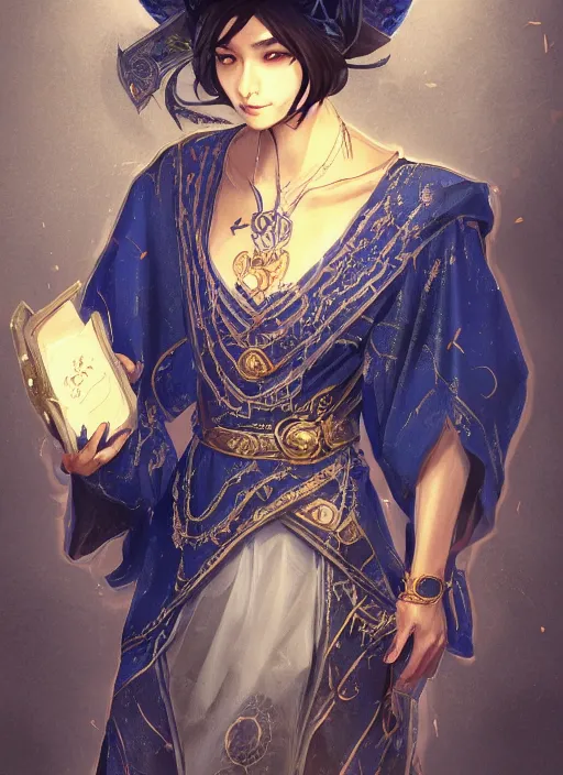 Image similar to a highly detailed illustration of short black haired young asian wizard wearing ornate navy robe and mage hat, dramatic reading spell book pose, intricate, elegant, highly detailed, centered, digital painting, artstation, concept art, smooth, sharp focus, league of legends concept art, WLOP