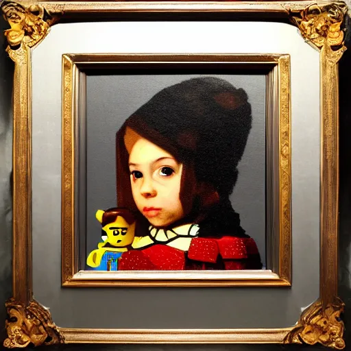 Image similar to a still life portrait painting of a lego character, baroque, painting, brushstrokes, painted portrait, character painting