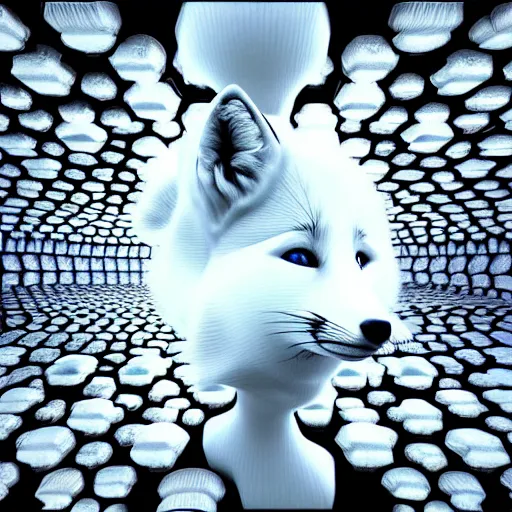 Image similar to hyperrealism photography computer simulation visualisation of parallel universe cgi anime scene with white fox by caravaggio rendered in mandelbulb 4 d