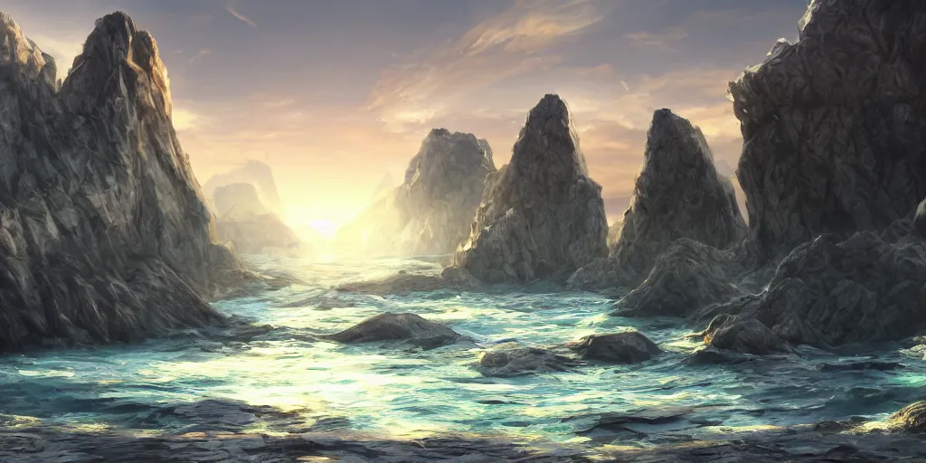 Image similar to salt covered islands surrounded by sheer gleaming detailed quartz cliffs, illustration, bright sunlight, sun glints, sunrays, digital art, oil painting, fantasy, 8 k, trending on artstation, detailed