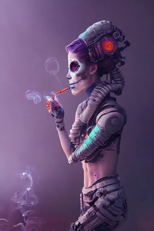 Image similar to ultra detailed, beautiful female android smoking a cigarette, scifi, fantasy, ( dia de los muertos ), triadic color scheme, intricate detailed, octane render, concept art. smoke, calm, noir. art by godmachine and michael welan and rossdraws and artgerm and greg rutkowski and wlop. 8 k, hdr