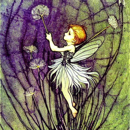 Image similar to a beautiful fairytale painting of a dandelion seed that is also a fairy. the dandelion seed is the body of the fairy. beautiful clear painting by arthur rackham