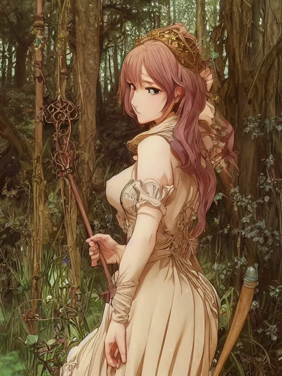 Image similar to anime key visual of jk rowling the enchantress with her back to the camera wearing a medieval gown!! intricate, magical forest, stunning, highly detailed, digital painting, artstation, smooth, hard focus, illustration, art by artgerm and greg rutkowski and alphonse mucha