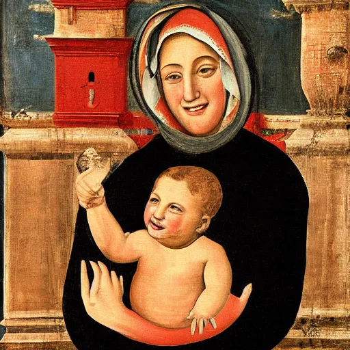 Image similar to painting benjamin netanyahu smiling while being held by his mother, tempera on wood, crevole madonna inspired, by duccio