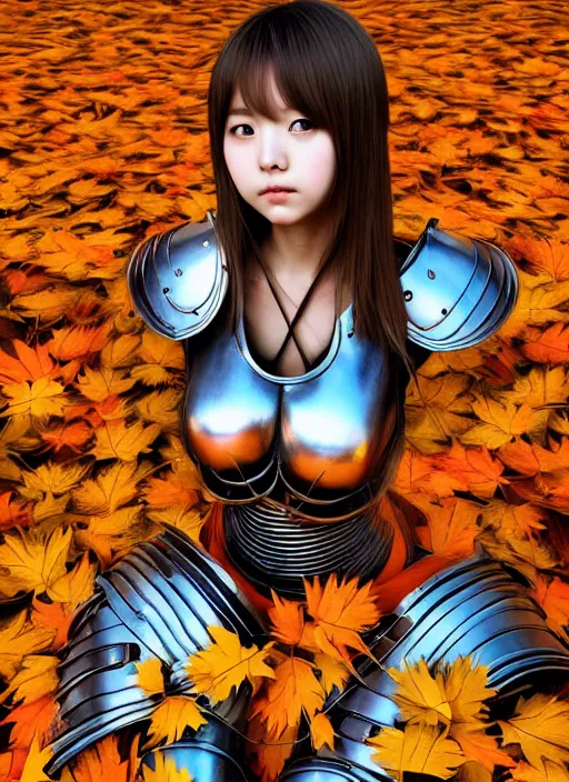 Prompt: a masterpiece hyperrealistic ultradetailed fullbody photograph of a lifelike real human anime girl wearing steel plate armor, surrounded by fall leaves, actual person, k - pop, rough skin pores texture, desaturated, photoreal image, made by wlop, photoreal, blender, unreal engine, extremely detailed, trending on artstation, sharp focus, 4 k