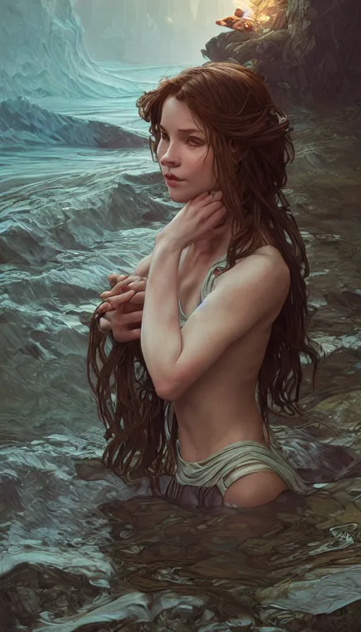 Image similar to girl in a river, fibonacci, sweaty, insane, intricate, highly detailed, digital painting, artstation, concept art, smooth, sharp focus, illustration, Unreal Engine 5, 8K, art by artgerm and greg rutkowski and alphonse mucha