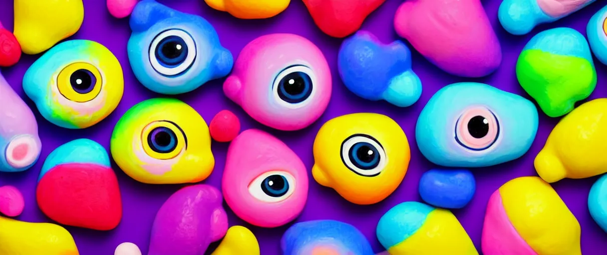 Image similar to hyperrealistic popart very cute multicolored ice cream with eyes melting! on keyboard jason limon digital painting dramatic yellow lighting high angle hd 8k sharp shallow depth of field