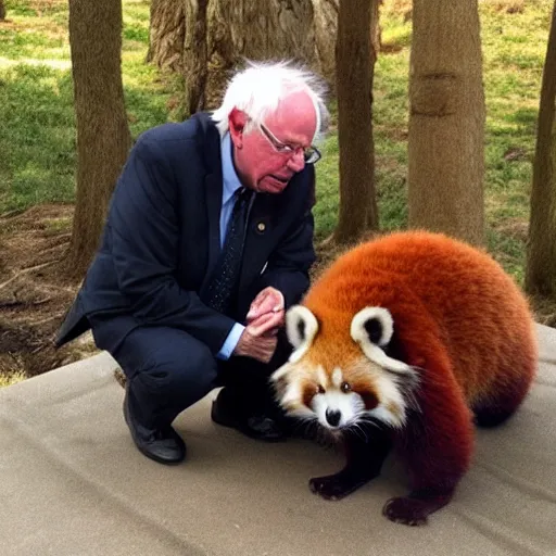 Prompt: Bernie Sanders and a red panda as best friends
