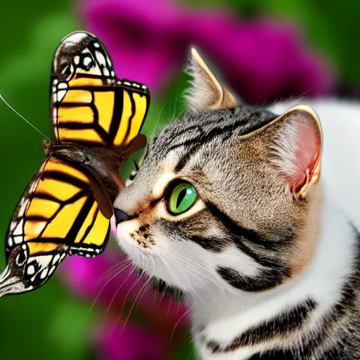 Prompt: macro closeup shot of a cat face cross eyed looking at a butterfly sitting on a flower