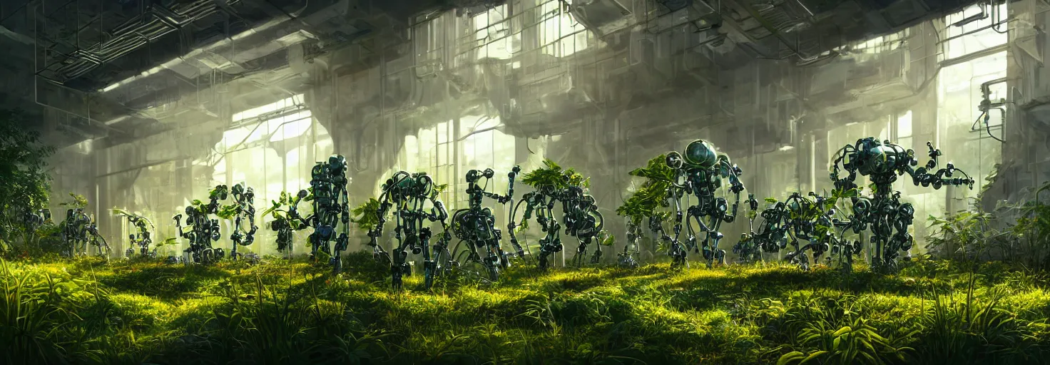 Prompt: brightly sunlit overgrown with plants and abandoned organic chemistry laboratory from the distant future staffed by dysfunctional multiarmed bipedal robots, science fiction industrial hard science concept art, 8K render octane high definition cgsociety