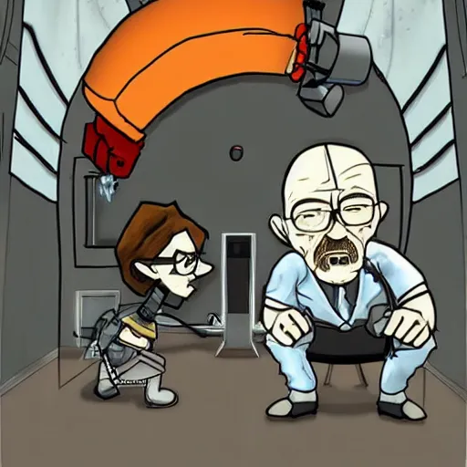 Image similar to walter white fighting glados from portal 2