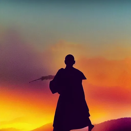 Prompt: a monk training on top of a mountain, fog, painting , sunset, beautiful, artsty