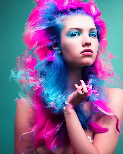 Image similar to a dramatic lighting photo of a beautiful young woman with cotton candy hair. paint splashes. with a little bit of cyan and pink