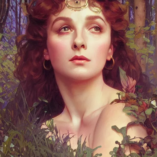Prompt: a beautiful closeup portrait of a young vivian leigh casting a spell, forest background, serene colors, dramatic light, gorgeous view, depth, high detail, digital art, painted by alphonse mucha and greg rutkowski, trending on artstation
