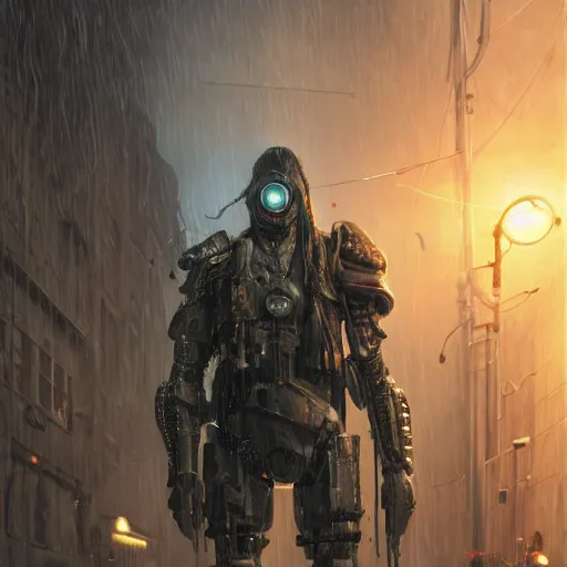 Image similar to a cyberpunk soldier in heavy armor on a crowded street in the rain, au naturel, hyper detailed, digital art, trending in artstation, cinematic lighting, studio quality, smooth render, unreal engine 5 rendered, octane rendered, art style by klimt and nixeu and ian sprigger and wlop and krenz cushart intricate artwork by Tooth Wu and wlop and beeple. octane render, trending on artstation, greg rutkowski very coherent symmetrical artwork. cinematic, hyper realism, high detail, octane render