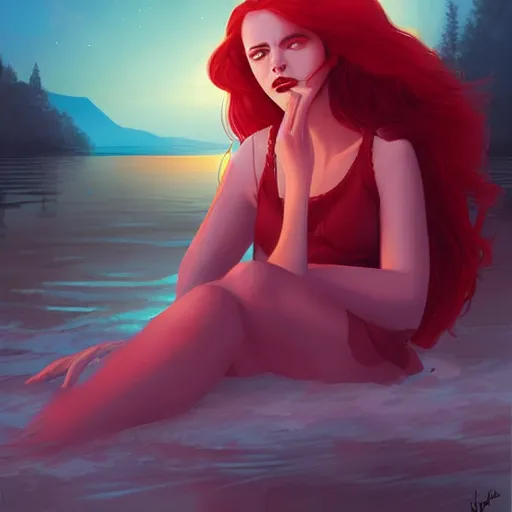 Image similar to a beautiful comic book illustration of a woman with long red hair sitting near a lake at night by daniela uhlig, featured on artstation