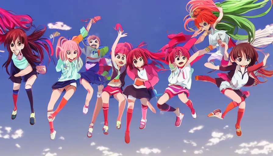 Image similar to group of cute anime characters jumping, colorful outfits, short miniskirts, lightly dressed, ultra detailed digital art, hyper real, detailed, group photo, ultra detailed, ground up angle