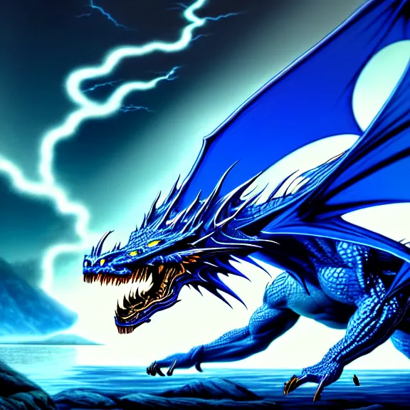 Prompt: spectral blue dragon, lightning, lake background, gerald brom, hyper detailed, 8 k, fantasy, dark, grim