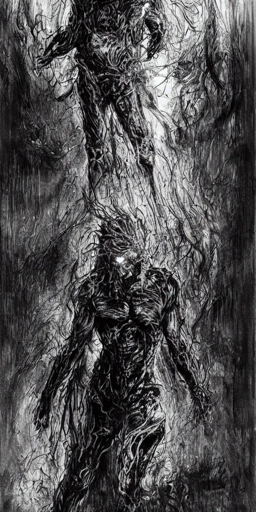 Image similar to concept art of a evil man with his body covered in burns, with black smoke coming out of his hands, full body, dark colors, sinister atmosphere, dramatic lighting, cinematic, establishing shot, extremely high detail, photo realistic, cinematic lighting, pen and ink, intricate line drawings, by Yoshitaka Amano, Ruan Jia, Kentaro Miura, Artgerm, post processed, concept art, artstation, matte painting, style by eddie mendoza, raphael lacoste, alex ross,