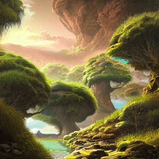 Prompt: beautiful detailed painting of a lush natural scene on a colourful alien planet by vincent bons. ultra sharp high quality digital render. detailed. beautiful landscape. weird vegetation. water. soft colour scheme. grainy.