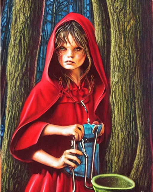 Image similar to little red riding hood, airbrush, drew struzan illustration art, key art, movie poster