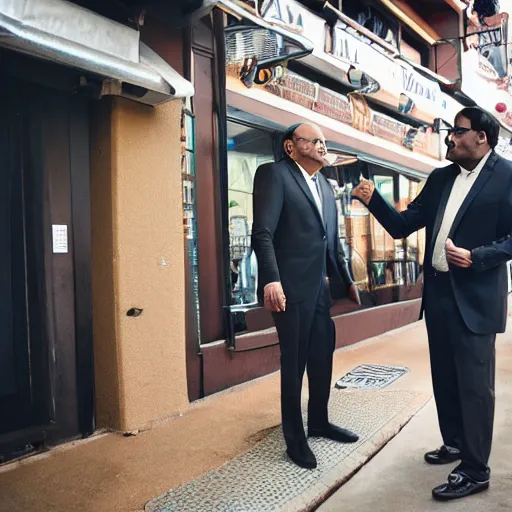 Prompt: portrait of tall indian man in a suit arguing with danny devito outside a bar, photo