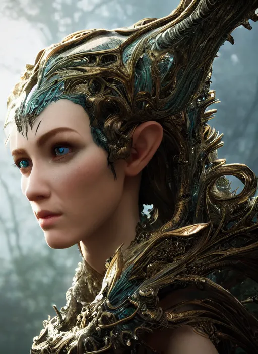 Image similar to stunning biomechanical impish elven incredible hair, masterpiece crystalline incrustations, hyperdetailed face, elegant pose, movie still, intricate, octane render, cinematic forest lighting, cgsociety, unreal engine, crepuscular rays, god rays