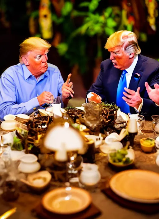 Image similar to Trump and Biden having dinner at a fancy Balinese restaurant, award winning photography, sigma 85mm Lens F/1.4, blurred background, perfect faces