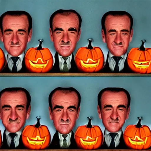 Image similar to six sean connery heads stacked like jack - o - lanterns