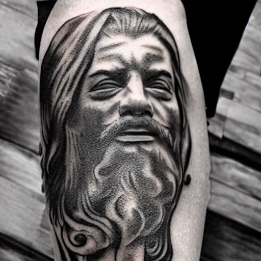 Image similar to amazing zeus tattoo, realistic drawing, hyper - realistic, faded, tattoo design