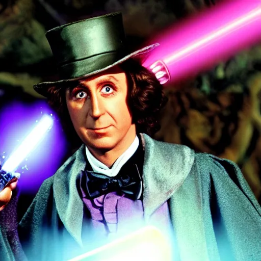 Image similar to willy wonka as a jedi from star wars, using jedi robe and holding a lightsaber, realistic 4 k,