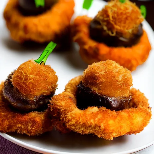 Prompt: deep fried mushrooms stuffed with deep fried mushrooms stuffed with deep fried mushrooms stuffed with deep fried mushrooms stuffed, delicious meal, studio photo