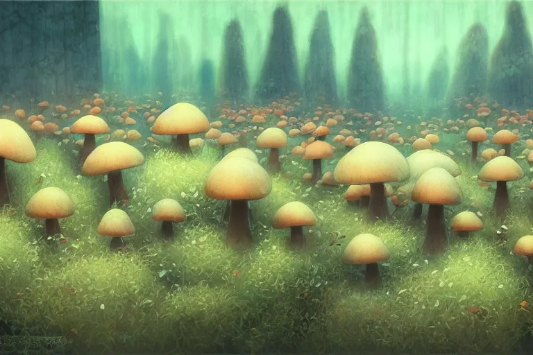 Image similar to mushroom forest by Shaun Tan and Hiroshi Yoshida, trending on artstation