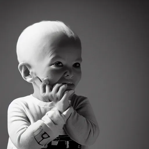 Image similar to the face of punk rock alien at 1 years old wearing balenciaga clothing, black and white portrait by julia cameron, chiaroscuro lighting, shallow depth of field, 8 0 mm, f 1. 8