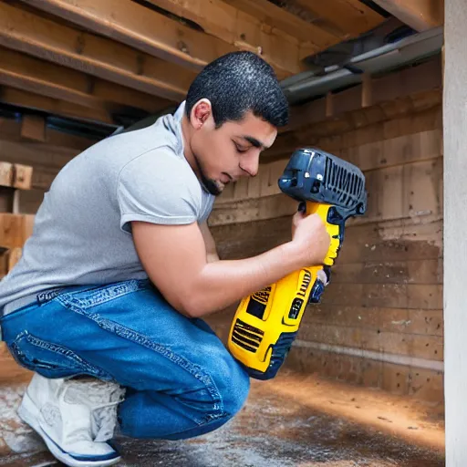 Image similar to young latino man using cordless power tool made by dewalt