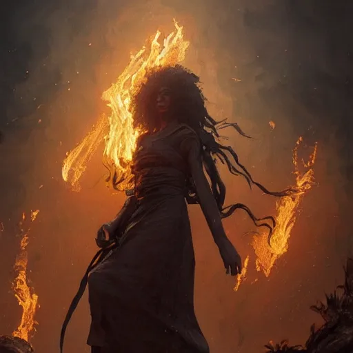 Prompt: character design, medieval, a woman with long dark curly hair and white eyes, theres a fire behind her, stoic, brown skin, alone dramatic, epic painting, painted by wlop and nixeu, cgsociety, beautiful, semirealism, artbreeder, artstation, volumetric light, octane render, sharpness, 8 k, golden ratio