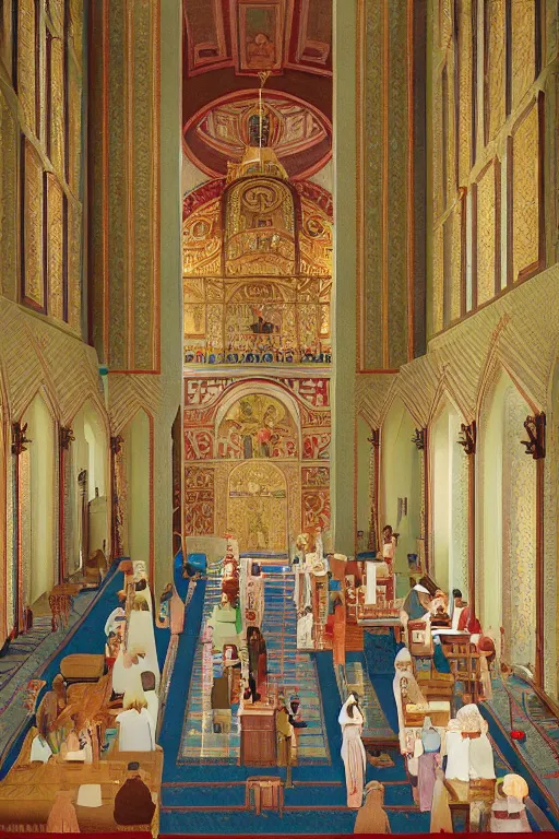 Image similar to scene from wes anderson orthodox cathedral building by helen lundeberg