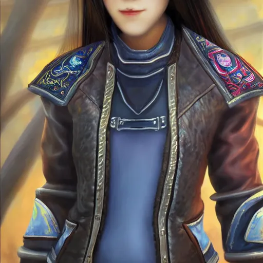 Image similar to perfect, realistic oil painting of close-up japanese young woman wearing leather jacket, in World of Warcraft