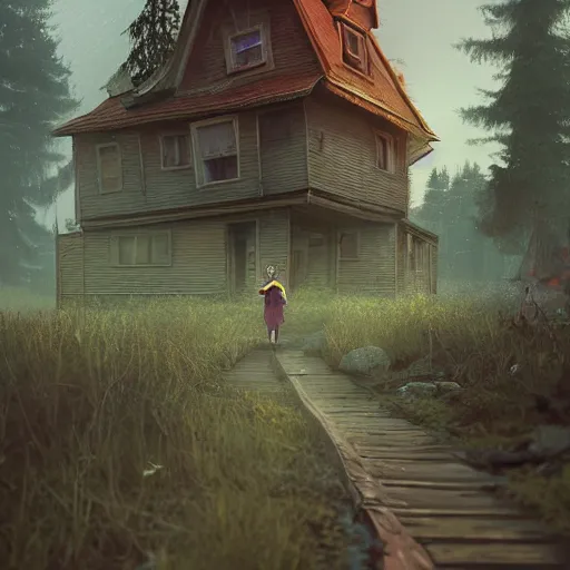 Image similar to woman leaving her wooden broken house by simon stålenhag, very highly detailed, award winning, rendered by Beeple, by Makoto Shinkai, syd meade, starwars, space art concept, digital art, unreal engine, blender, WLOP, trending on artstation, 4K UHD image, octane render