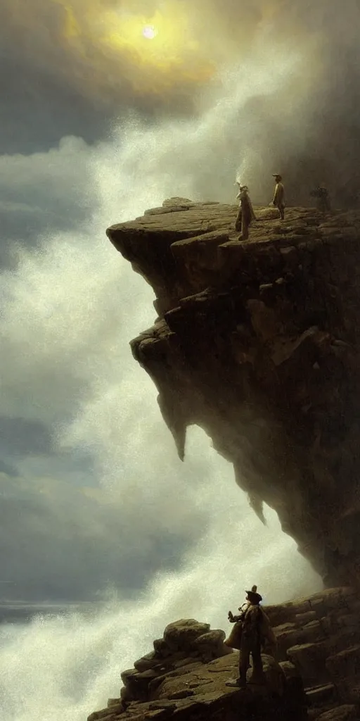 Prompt: a big cliff at the middle of the day in 1 9 4 0, stormy sea, a men stand up at the edge of the precipice, steam punk, mystical yellow fog, oil on canvas, art by andreas achenbach, clemens ascher, tom bagshaw and sabbas apterus,