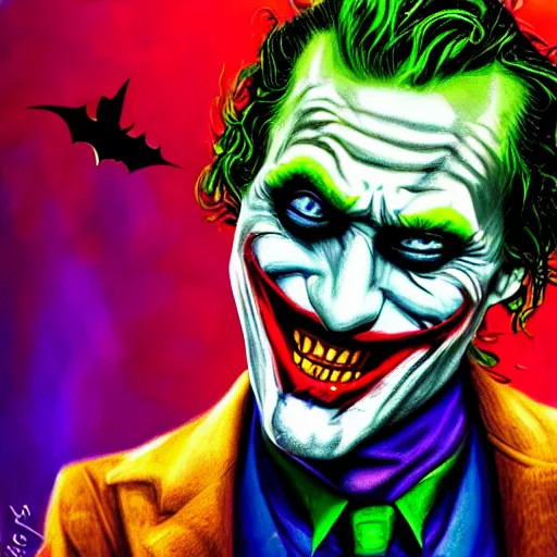 Image similar to an extremely psychedelic portrait of the joker as batman, surreal, lsd, face, detailed, intricate, elegant, lithe, highly detailed, digital painting, artstation, concept art, smooth, sharp focus, illustration,