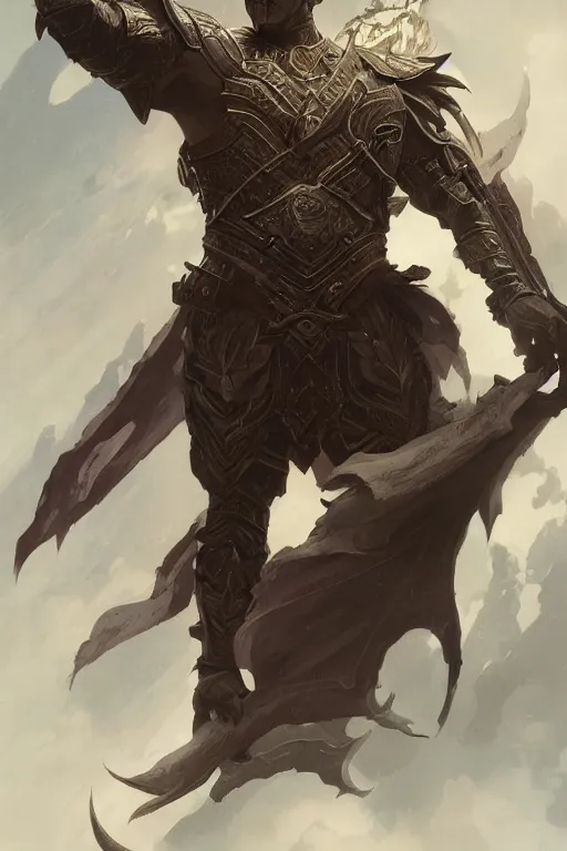 Image similar to male warrior, wearing a dark armor, dragon flying in the sky, intricate, elegant, digital painting, artstation, concept art, smooth, sharp focus, illustration, art by artgerm and greg rutkowski and alphonse mucha and andrei riabovitchev