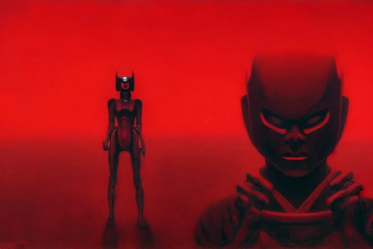 Image similar to only with red, a red samurai humanoid, tokio futuristic in background, some evil yokai, in the style of beksinski, parts by edward hopper, parts by rodcenko, parts by yue minjun, intricate and epic composition, red by caravaggio, insanely quality, highly detailed, masterpiece, red light, artstation, 4 k